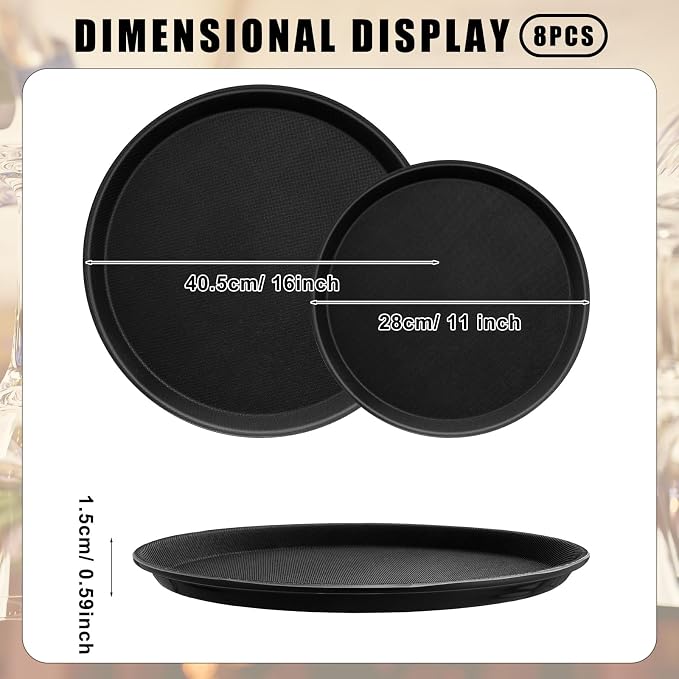 Zopeal 8 Pcs Bar Service Tray Round Plastic Non Slip,11", 16" | For Waiter Server in Restaurant Cafeteria Bar, Raised Edges Prevent Spills, Cocktail Food Server, Textured Surface Grip