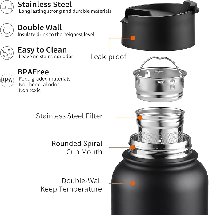 Sivaphe 32 oz Tea Infuser Bottle With Removable Filter,18/8 Stainless Steel Insulated Water Bottle for Loose Leaf Tea,1L Strainer Travel Tumbler with Lid Black