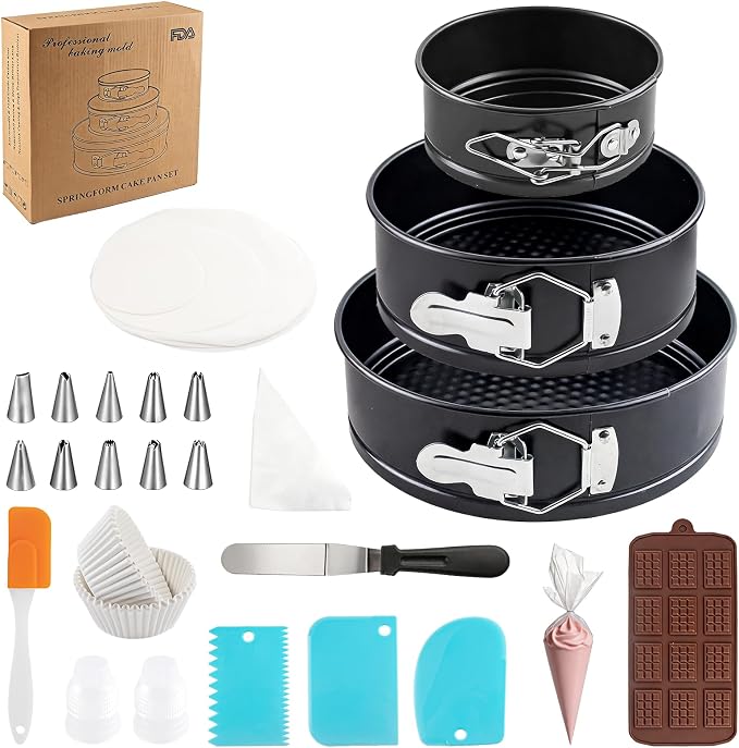 131Pcs Springform Pan Cake Pan Sets for Baking Non-Stick Cake Decorating Kit (4, 7, 9 Inch), Piping Bags and Tips Cheesecake Bakeware Baking Tools Parchment Paper & Manual