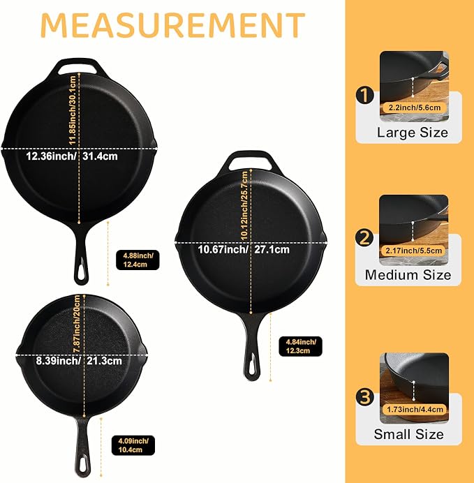 EWFEN Cast Iron Skillet 3-Piece Set, 8", 10" & 12" Pre-Seasoned Frying Pans, Heavy-Duty Professional Restaurant Chef Quality Cookware w/Drip Spout, Indoor & Outdoor Use, Oven, Stove, Grill & Campfire
