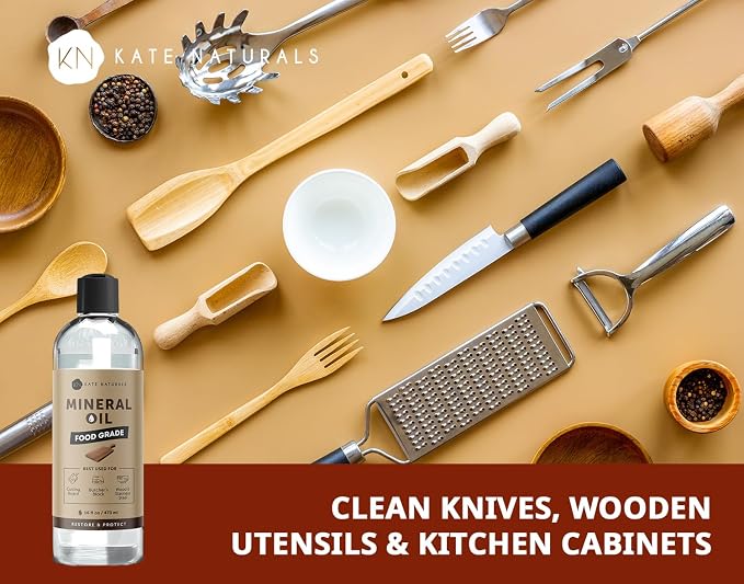 Kate Naturals Mineral Oil for Wood Cutting Board, Food Grade, Odorless,16oz | Food Safe Mineral Oil to Protect Wooden Cutting Board, Butcher Block, Utensils, Bamboo Boards, Stainless Steel Knife