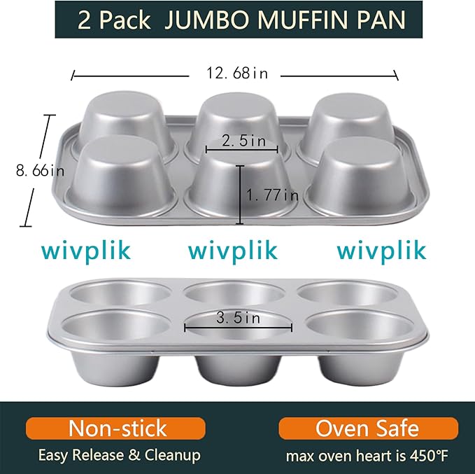 Nonstick Jumbo Muffin Pans, 2 Pack 6 Cup Extra Large Cupcake Tins | Premium Non-Toxic Non-Stick Coating, Heavy Duty Carbon Steel, 3.5 Inch Dia Deep Muffin Trays for Home Baking
