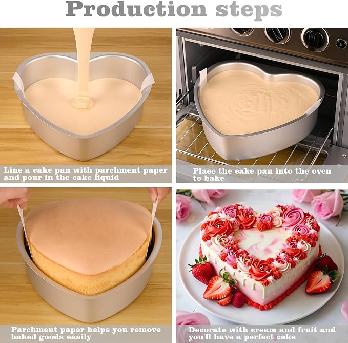 HUAKENER 9.5 Inch Heart Cake Pan, Non-stick Aluminum Heart Cake Pan | Set 2 Pack Heart Shaped Cake Pans with 60 Pieces Parchment Paper, Non-stick Cake Baking Pans for Kitchen Birthday Wedding