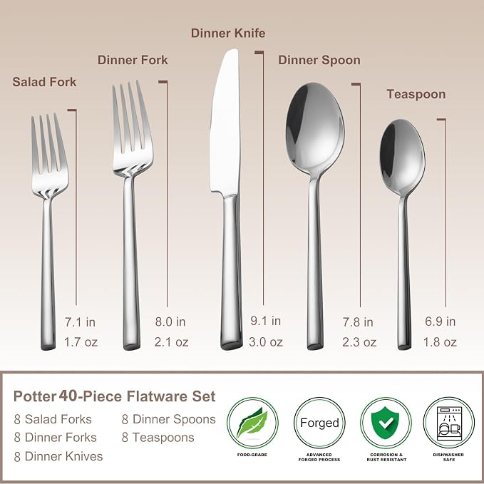 Alata Potter 40-Piece Forged Silverware Set Stainless Steel Flatware Set Cutlery Set, Service for 8, Mirror Finish, Dishwasher Safe
