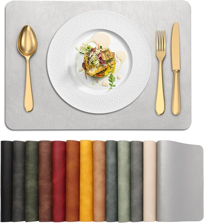 UnivoColors Placemats,Heat Resistant Placemats Set of 8 Washable 12x17 Inch,Waterproof Table Mats,Wipeable Pu Place Mats for Kitchen,Dining Room.Silver.