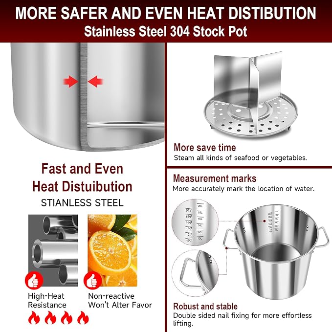 AOSION 24QT Stainless Steel Stock Pot with Lid,6 Gallon. | Steamer Rack & Divider, Heavy Duty Tamale Steamer Pot, Visible Lid, For Crab Boil, Pasta, Soup