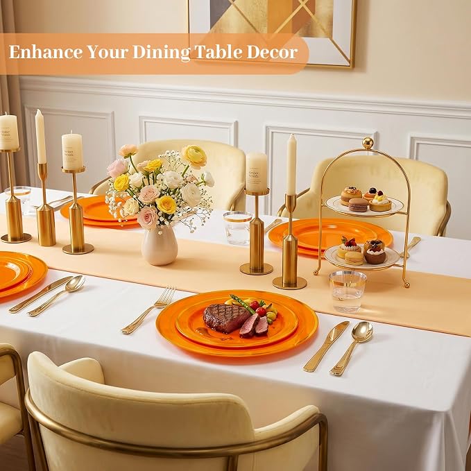 DaYammi 350PCS Orange Gold Plastic Dinnerware Set for 50 Guests, Fancy Disposable Plates for Party, Include: 50 Dinner Plates, 50 Dessert Plates, 50 Pre Rolled Napkins with Gold Silverware, 50 Cups