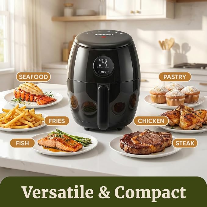 Elite Gourmet EAF2612D Personal Programmable Air Fryer, 1000W, 2.1Qt, Black | Compact Space-Saving Design, Oil-Less Healthy Cooker, Timer & Temperature Controls