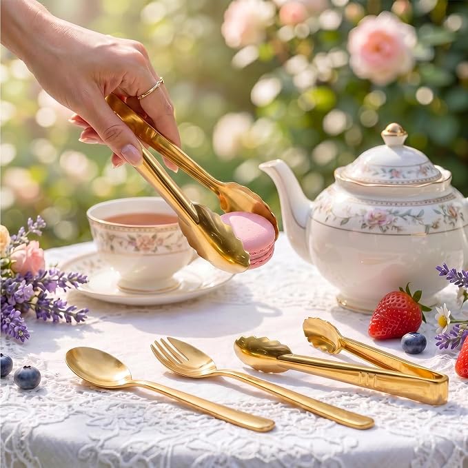 24 Pcs Gold Plastic Serving Utensils Set - Heavy Duty Disposable Serving Spoons, Forks & Tongs (8 of Each) - BPA-Free Catering Supplies for Buffets, Parties, Weddings & Events
