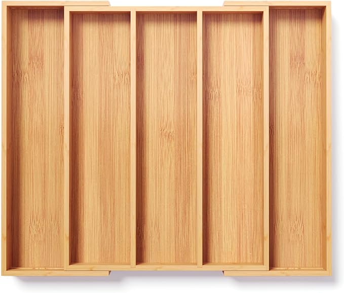 Fibogollo Expandable Bamboo Silverware Organizer, Kitchen Drawer Organizer | Flatware and Utensils Organizer Tray, Cutlery Organizer for Kitchen Drawer，Utensil Holder（13.3-22.8 x 16.9 x 2 inch）