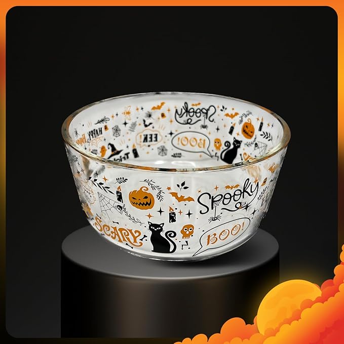 Halloween Glass Food Storage Containers with Lids | Set of 6 (3 Containers + 3 Lids) 2-Cup | Spooky Design, BPA-Free, Microwave & Dishwasher Safe|Perfect for Meal Prep, Snacks & Leftovers