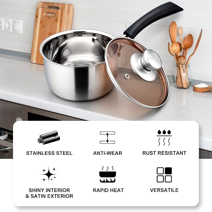 LIANYU Sauce pan Set with Lid, 1 Quart and 2 Quart Stainless Steel Saucepan | Small Kitchen Cooking Pot for Milk, Soup & Butter, Stay-cool Handle, Induction Ready, Nonstick & Non Toxic, Dishwasher Safe