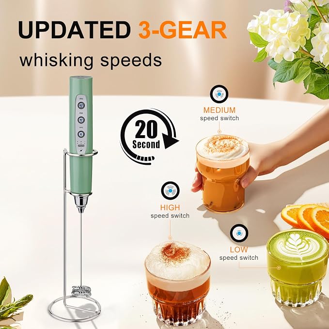 YUSWKO Handheld Milk Frother Wand for Coffee, Rechargeable Electric Whisk with 3 Heads 3 Speeds Drink Mixer Coffee Frother For Latte, Cappuccino, Hot Chocolate, Egg, Granite with Holder