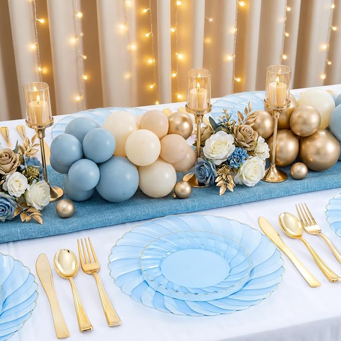 YOUBET 125PCS Clear Blue Gold Plastic Plates - Blue Disposable Plates With Gold Rim Include 25 Dinner Plates 25 Dessert Plates 75 Golden Silverwares for Wedding Birthday & Parties | Clear Blue Disposable Plates With Gold Rim Include 25 Dinner Plates 25...
