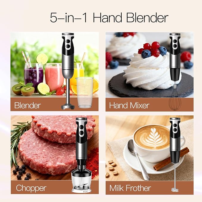 MegaWise Pro Titanium Reinforced 5-in-1 Immersion Hand Blender, Powerful Motor with 80% Sharper Blades, 12-Speed Corded Blender, Including 500ml Chopper, 600ml Beaker, Whisk and Milk Frother (Black)