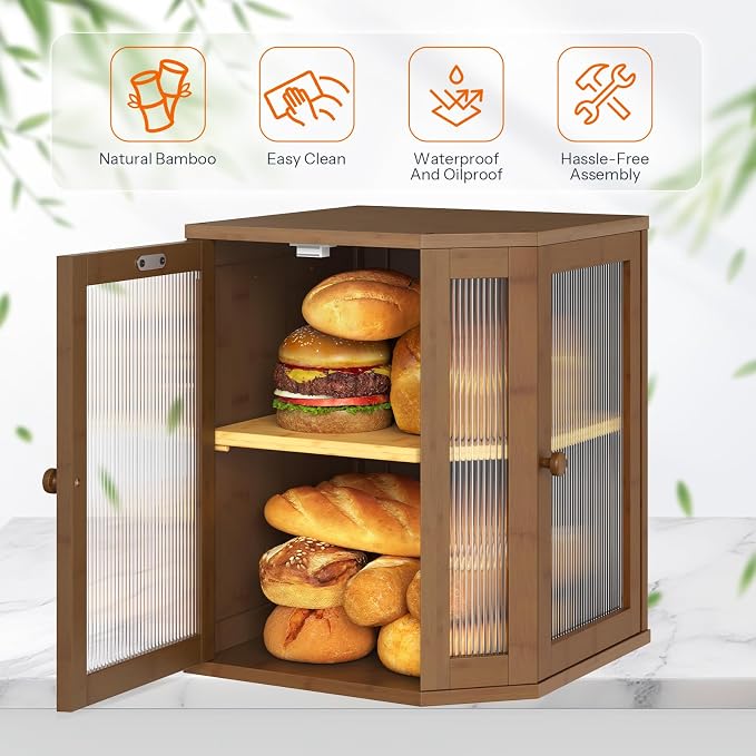 HOOBRO Bread Box, Bamboo Bread Box for Kitchen Countertop, 2-Tier Corner Bread Box, Large Capacity Bread Bin, Food Storage Box, Bread Storage Container for Kitchen, Dining Room, Brown BR12MB01