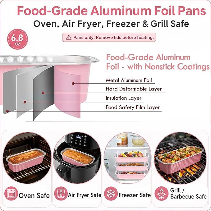 YQER 60 Pack Mini Cake Pans with Lids and Spoons, 6.8 oz Pink Disposable Aluminum Foil Mini Loaf Pans with Stickers, Individual Small Dessert Cake Tins Containers for Baby Showers, Birthdays, Gifts