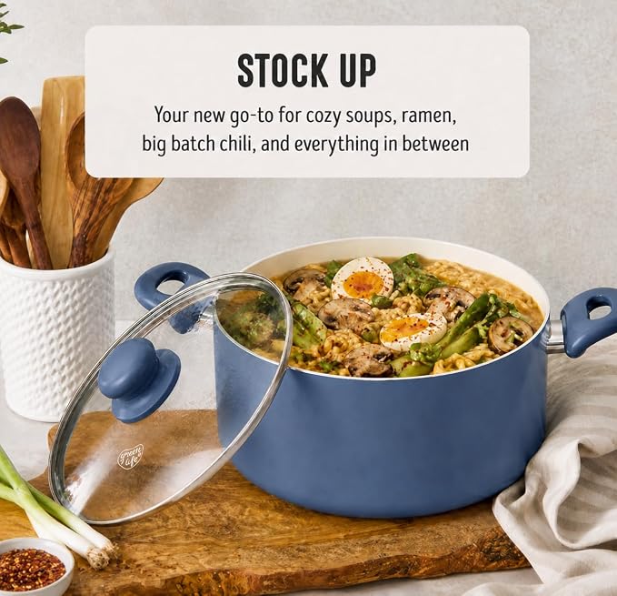 GreenLife 5QT Ceramic Nonstick Stockpot with Lid, Slate Blue | PFAS-Free Nonstick Coating, Casserole Pot, Soup Pot, Pasta Pot, Induction Ready, All Stovetop Compatible, Dishwasher Safe