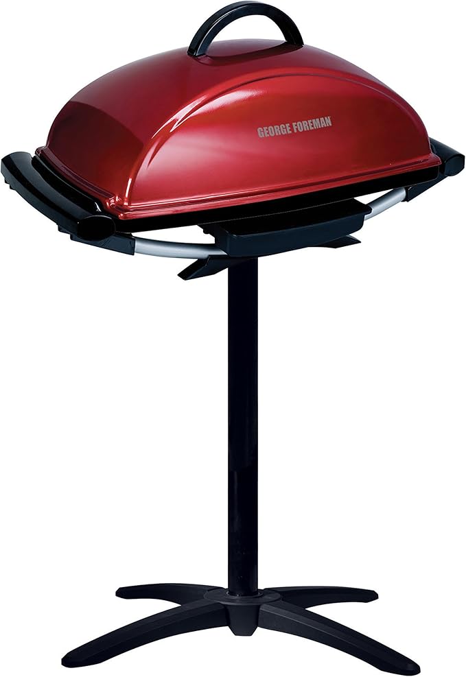 George Foreman Indoor/Outdoor Electric Grill with Stand | Indoor or outdoor electric grill with nonstick surface, 5 heat settings and fat-removing drip tray for healthier grilling.