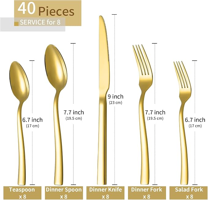 Gold Silverware Set for 8, 40 Pieces Flatware Set Stainless Steel | Luxury Steak Knife Fork and Spoon Set, Square Handles, Mirror Polished, for Home Kitchen Restaurant Weddings