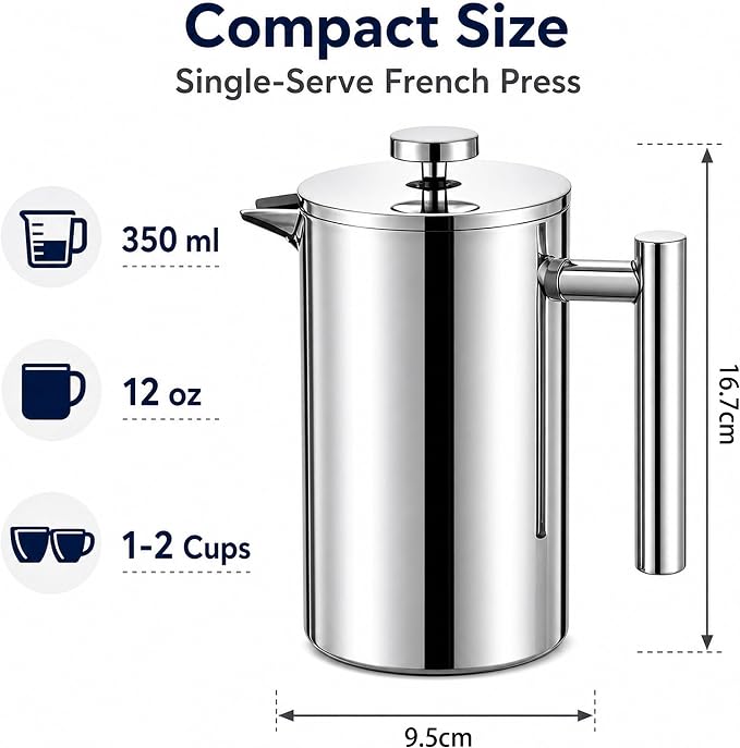 12 oz / 350 ml Stainless Steel French Press Coffee Maker, Double-Wall Insulated Small Coffee Press with 2 Extra Filters and Coffee Spoon, Single Serve French Press for Home, Office and Camping