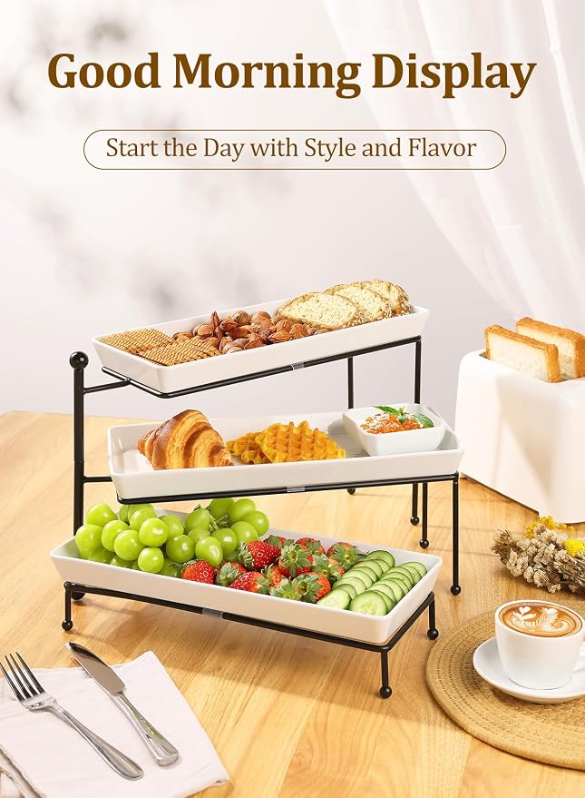 Tiered Serving Tray for Party, 14 Inch Dessert Display Stand, Black | 3*Porcelain Durable Serving Plates, Microwave/Dishwasher Safe, Modern Cupcake Fruit Buffet Display, Wedding/Tea/Party serving