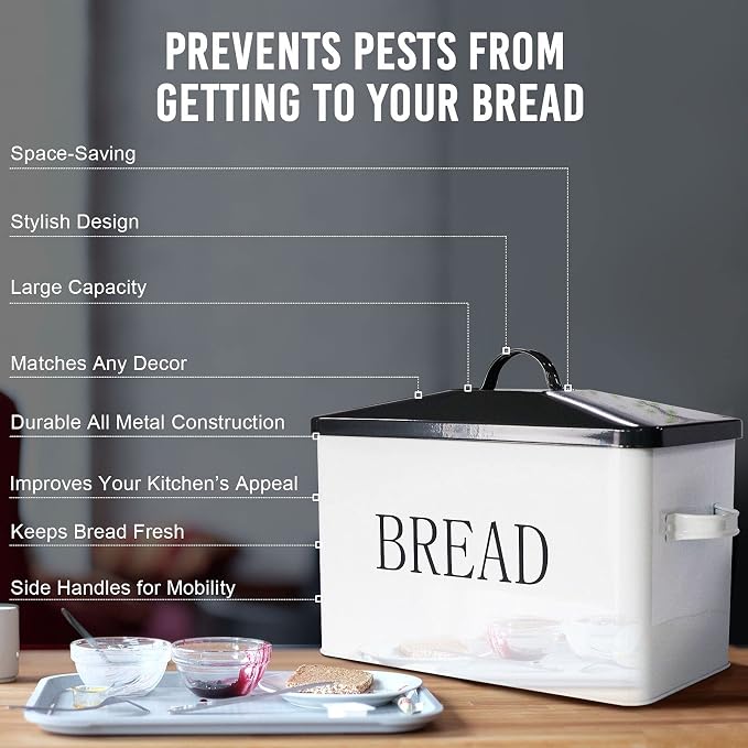 SOTECH Metal Bread Box with Lid for Kitchen Countertop Large Bread Bin kitchen Bread Food Snacks Storage Container Farmhouse BreadBox Grey Lid White Body with Side Handles