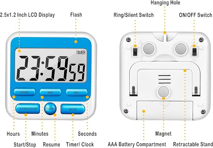 4-in-1 Digital Timer with Count Up/Down, Clock & Alarm, Ring & Silent Modes | Large 2.8-Inch easy-read LCD, On/Off switch, 24-Hour count up/down, Fast-forward function, Magnetic back, stand, hanging hole