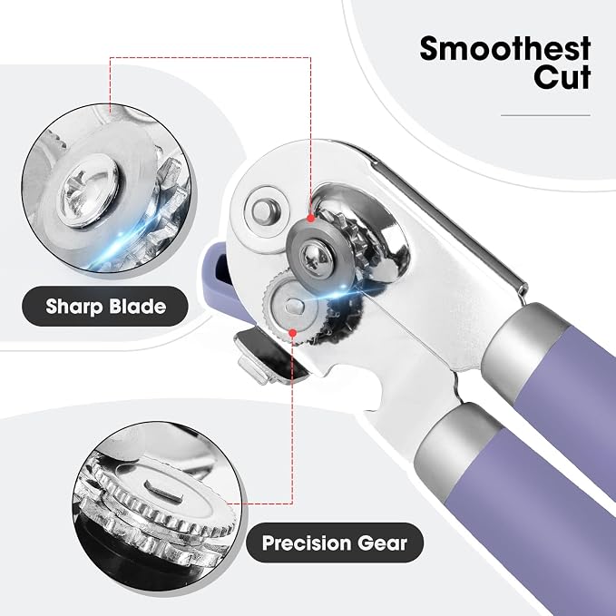 Beneno Heavy Duty Hand Can Opener Manual with Magnet Lid Remover, Purple | Razor-Sharp Carbon Steel Blade, Precise Smooth Cutting Gear, Big Effort-Saving Knob, Soft Grip Handle, Built-in Bottle Opener