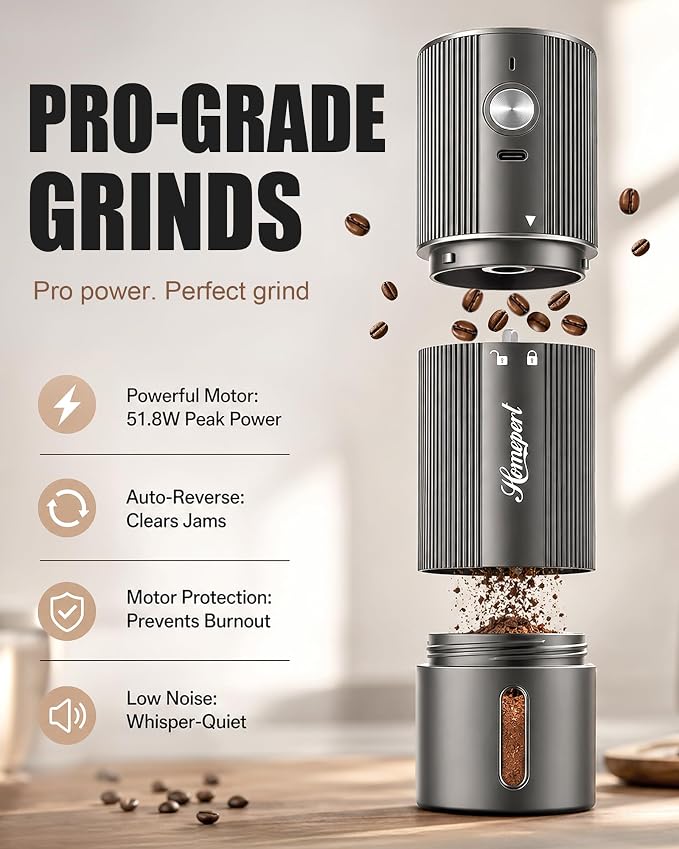 Upgraded Faster Electric Coffee Grinder, Stainless Steel Burrs, Gray | Cordless Coffee Mill, 1600mAh Rechargeable Battery, 40 Setting for Pour-Over to Espresso, Portable for Camping, Travel