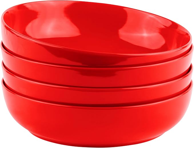 KooK Pasta Bowl, Salad Bowls, Soup, Serving Bowls, Ceramic, Large Capacity, Microwave & Dishwasher Safe, Set of 4, 40 Oz,(Red)