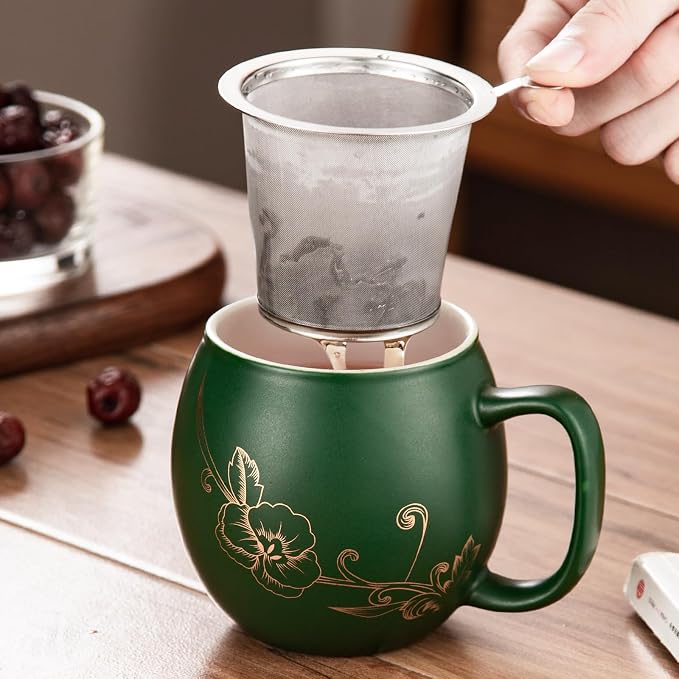 Yundu 12 OZ Ceramic Mug with Lid & Tea Strainer - Matte Green Tea Cup with Golden Flower, Stainless Steel Infuser for Loose Leaf Tea