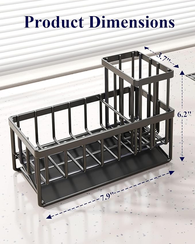 Kitsure Sponge Holder for Kitchen Sink, 7.9"x3.7"x6.2", Black | Kitchen Sink Caddy, Home Decor Accessories, Stainless Steel, High Brush Holder