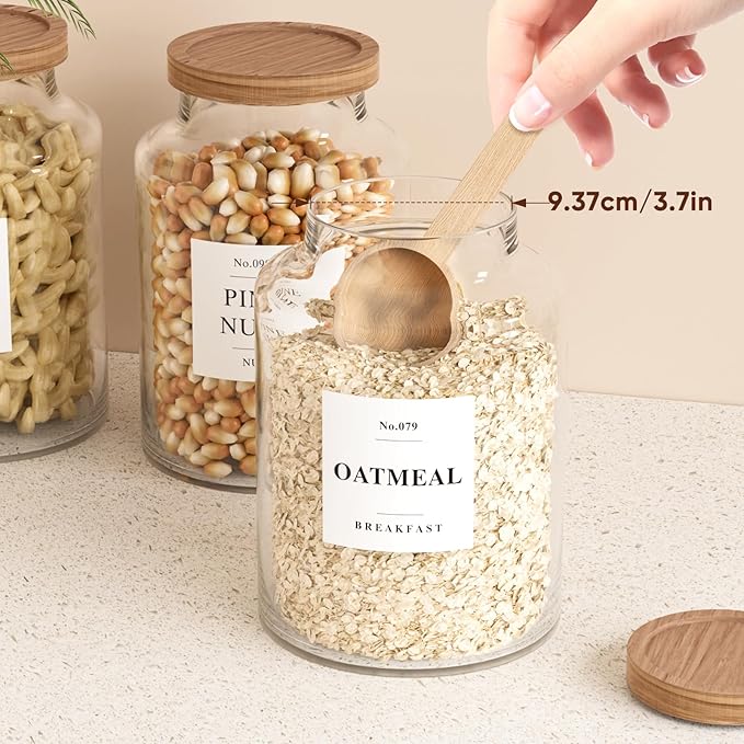 2 PCS Flour Sugar Storage Containers Glass Jar,98 oz/2800 ml | Large Glass Food Storage Jars with Wood Airtight Lids, 132 Pantry Labels and 2 spoon for Coffee, Flour, Sugar, Spice