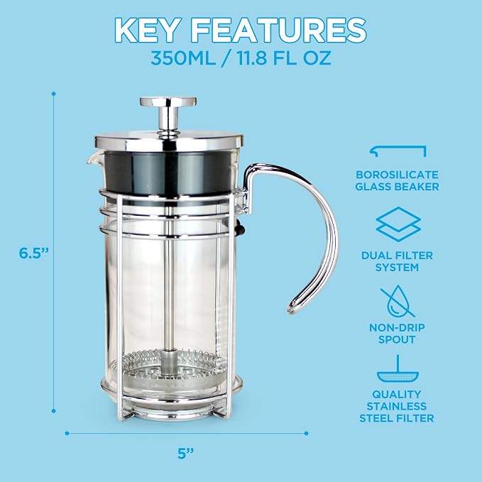 GROSCHE Madrid Glass French Press Coffee and Tea Maker, 11.8 oz (350 ml) | Borosilicate Beaker and Dual Stainless Steel Filter Brew Coffee or Tea in 3 to 4 Minutes, with Easy-to-Clean Parts