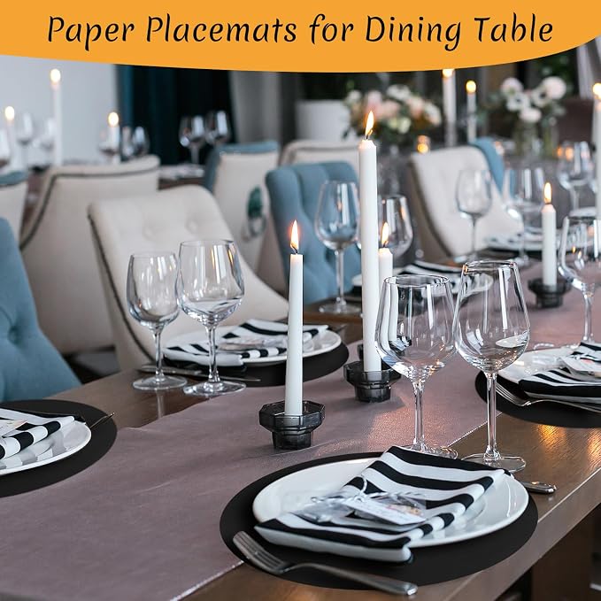 Yeaqee 120 Pcs Disposable Paper Placemats 12 Inch Round Paper Place Mats Blank Table Mats for Restaurant Catering Dining Weddings Birthday Table Holiday Parties Supplies(Black)