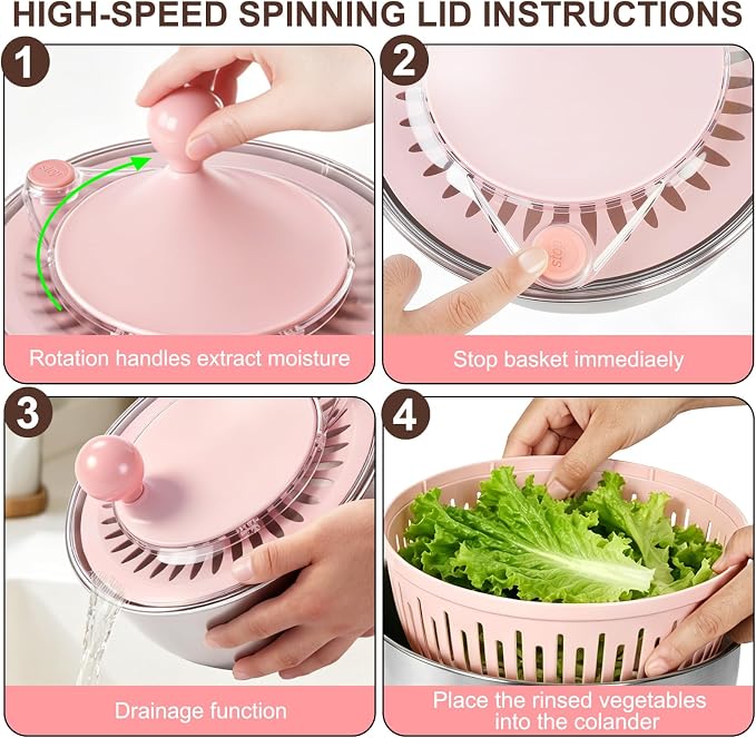 Stainless Steel Salad Spinner Large, Vegetables Fruits Wash Bowl with Strainer, Lettuce Spinner Dryer with Lid and 5 Blades Slicer, Egg Yolk Strainer, Shredder for Efficient Salad Preparation 5.3Qt
