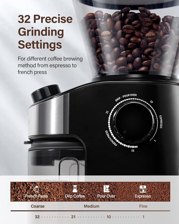 SHARDOR Burr Coffee Bean Grinder, 32 Settings, 40-Second Timer, Black | Electric Grinding, Chamber Cleaning Button, Adjustable Grind Time Control, Removable Hopper, Compact Design, Home Brewing