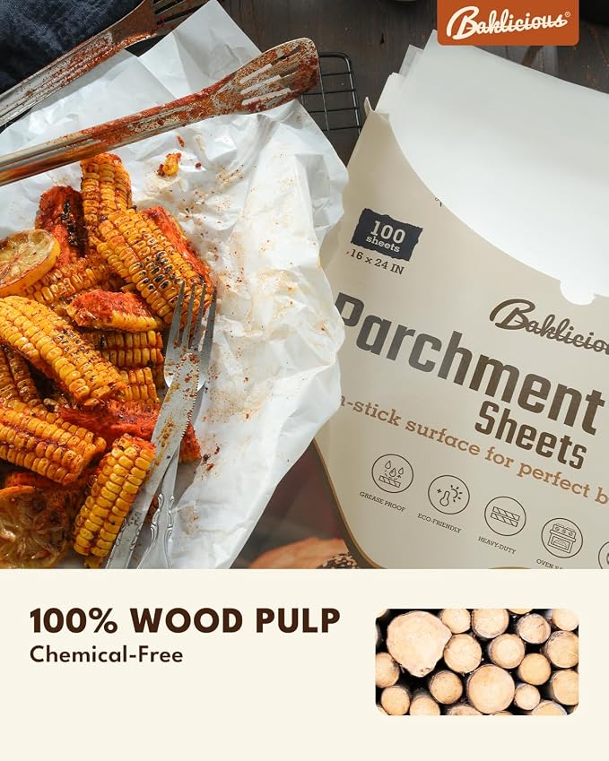 Baklicious 16x24inch 100pcs White Precut Non-Stick Full Parchment Paper | for Baking, Cooking, Grilling, Frying and Steaming, Full Sheet Baking Pan Liners, Commercial Baking