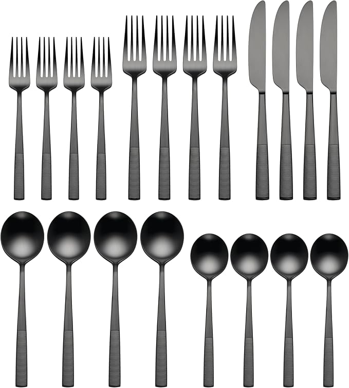 Lenox Modulus Black Satin 20-Piece Silverware Set for 4, Flatware | satin finish, dishwasher safe | includes knives, forks, and spoons | heavy duty, cutlery set for kitchen and dining, utensils