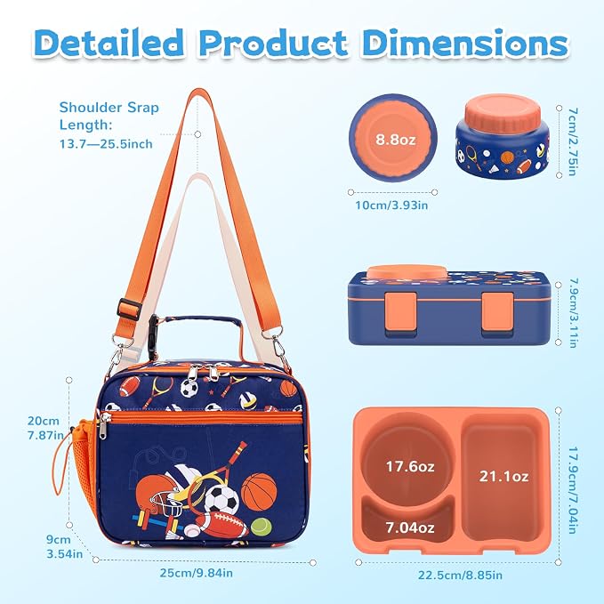 Bento Box for Kids, Leakproof Kids Lunch Box with 8.5OZ Thermo Food Jar & Lunch Bag, 3-4 Compartments Toddler Insulated Lunch Box for Boys, BPA Free Lunch Containers for School Daycare
