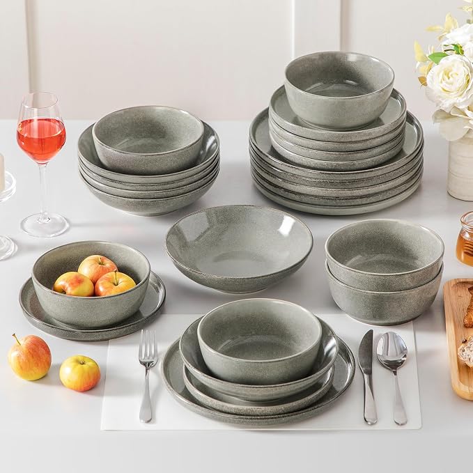 vancasso ANYA 24 Pieces Plates and Bowls Set, Stone Grey Dinnerware Sets, Reactive Glaze Dishes Set for 6, Ceramic Dishware Sets Kitchen Dinner Set, Microwave & Dishwasher Safe