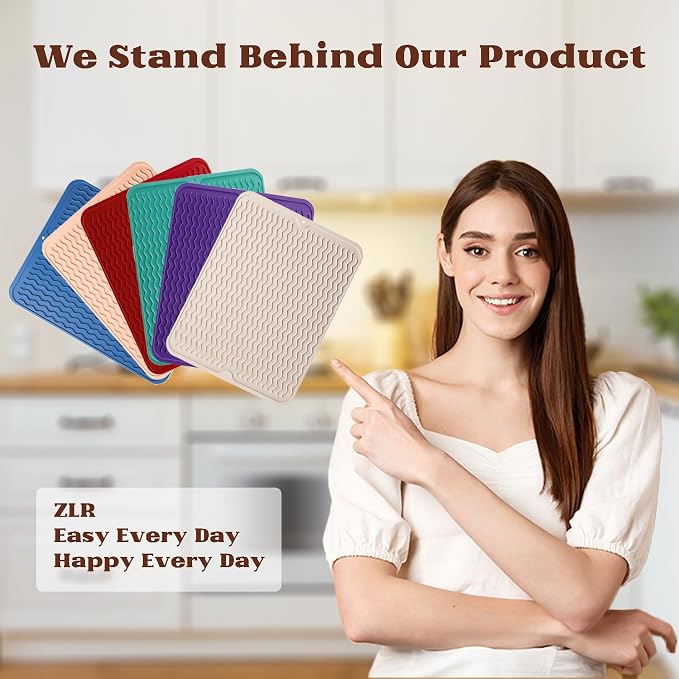 ZLR Silicone Dish Drying Mat for Kitchen Counter, 16"x12", Lava Red | Fast-Dry Wavy Ridges, Raised Edges Contain Water, Heat-Resistant Trivet to 450°F, 5mm Thick, Non-Slip, Dishwasher Safe