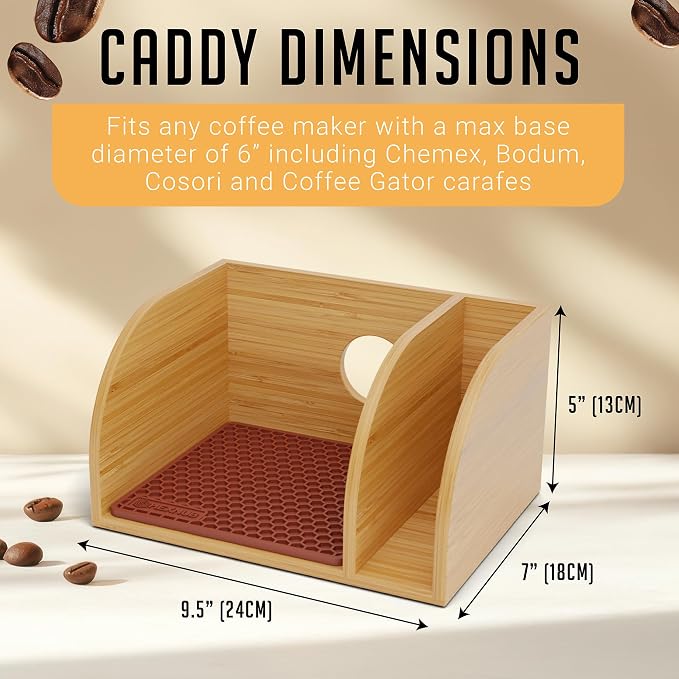 Pour Over Caddy with Lid for Chemex Bodum Cosori Coffee Makers Brown | Handmade Bamboo Stand, Lid, Filter Holder, Heatproof Mat for a Cleaner Coffee Station