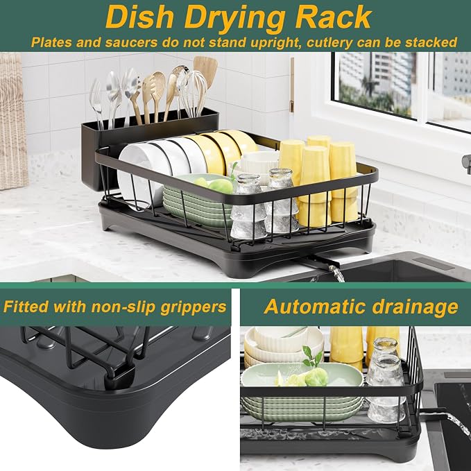 LIYI Dish Drying Rack,Adjustable Spout Design,Kitchen Dish Racks,Made of Iron Material,with Removable Draining Board,Suitable for Kitchen and Caravan Use Scenarios,Black
