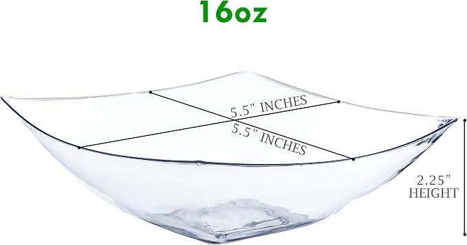PLASTICPRO Disposable Square Serving Bowls, Party Snack or Salad Bowl, Plastic Clear or White Pack of 4 (16 OUNCE, Clear)