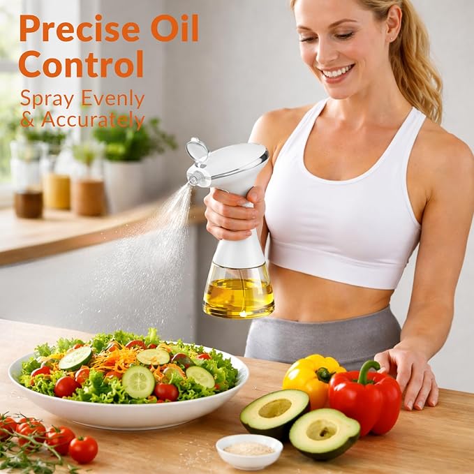 Electric Oil Sprayer for Cooking, Olive Oil Sprayer with One-Touch Mist | USB Rechargeable, Leak-Proof, Dustproof Design, Perfect for Healthy Cooking, Olive Oil Dispenser for Precise Control, White