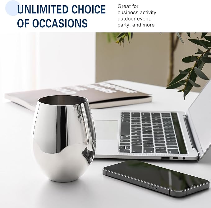 WOTOR Stemless Stainless Steel Wine Glasses, 18oz, Silver, Set of 4 | Unbreakable, Metal, Ideal Gift for Wine Lovers