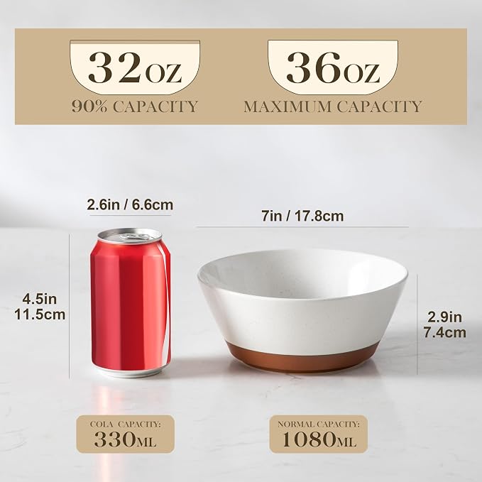 MALACASA Soup Bowls, Ceramic Salad Bowls Set of 4, 36oz Ceramic Bowls | Speckled Deep Bowls for Ramen, Cereal, Fruit and Pho, Microwave & Dishwasher Safe, Vanilla White & Brown, Series TARA