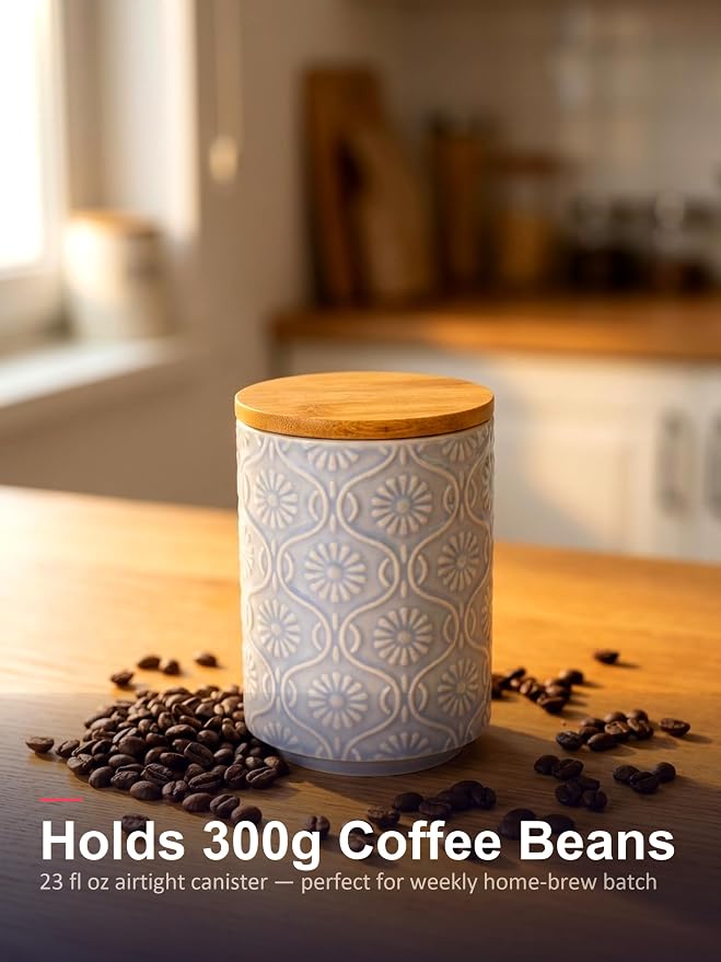 TEATALK Ceramic Canister with Bamboo Lid, Airtight Seal for Coffee, Tea, Sugar, 23 Fl Oz, Light Blue